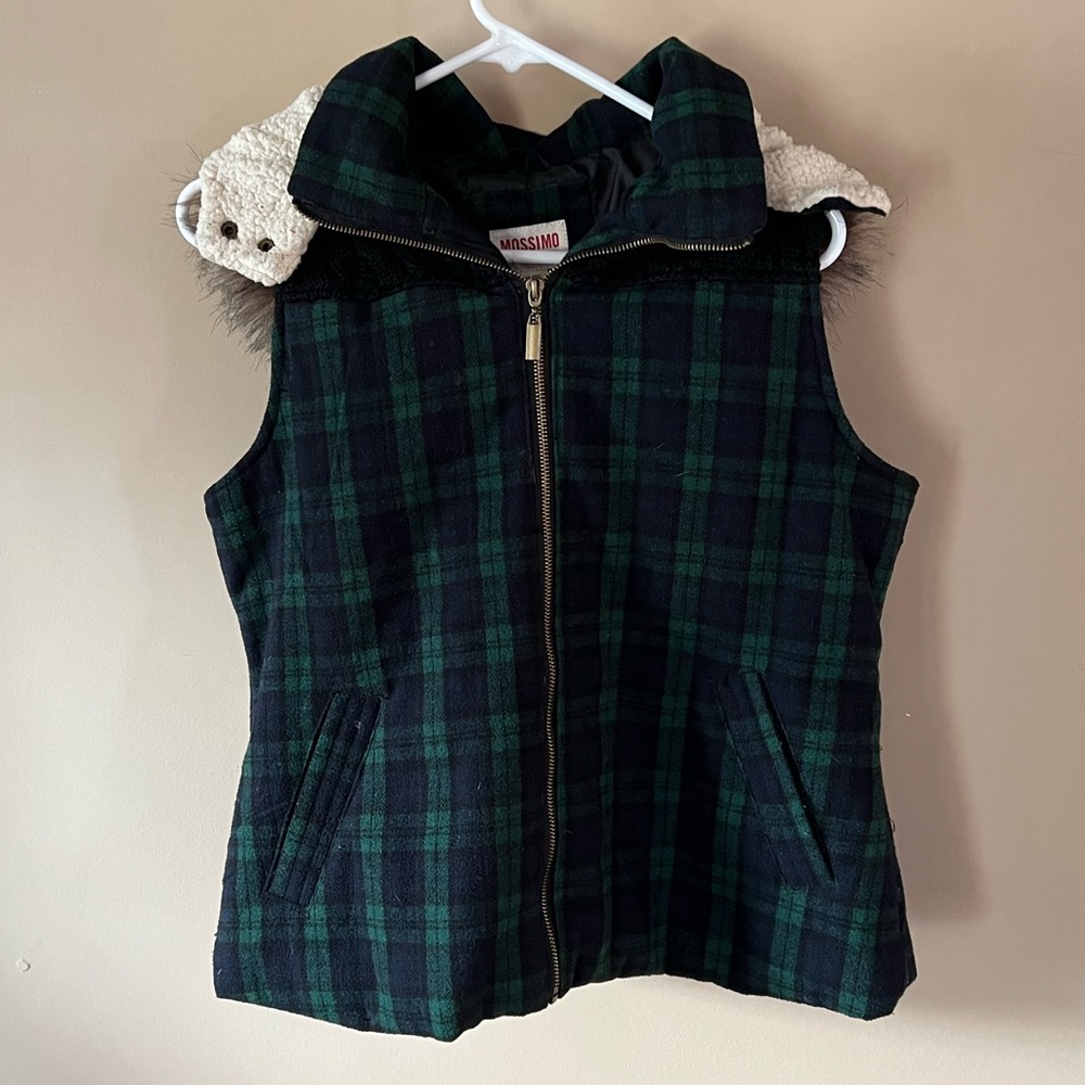 Blue & Green plaid flannel puffer vest with Sherpa and fur hood XL Mossimo